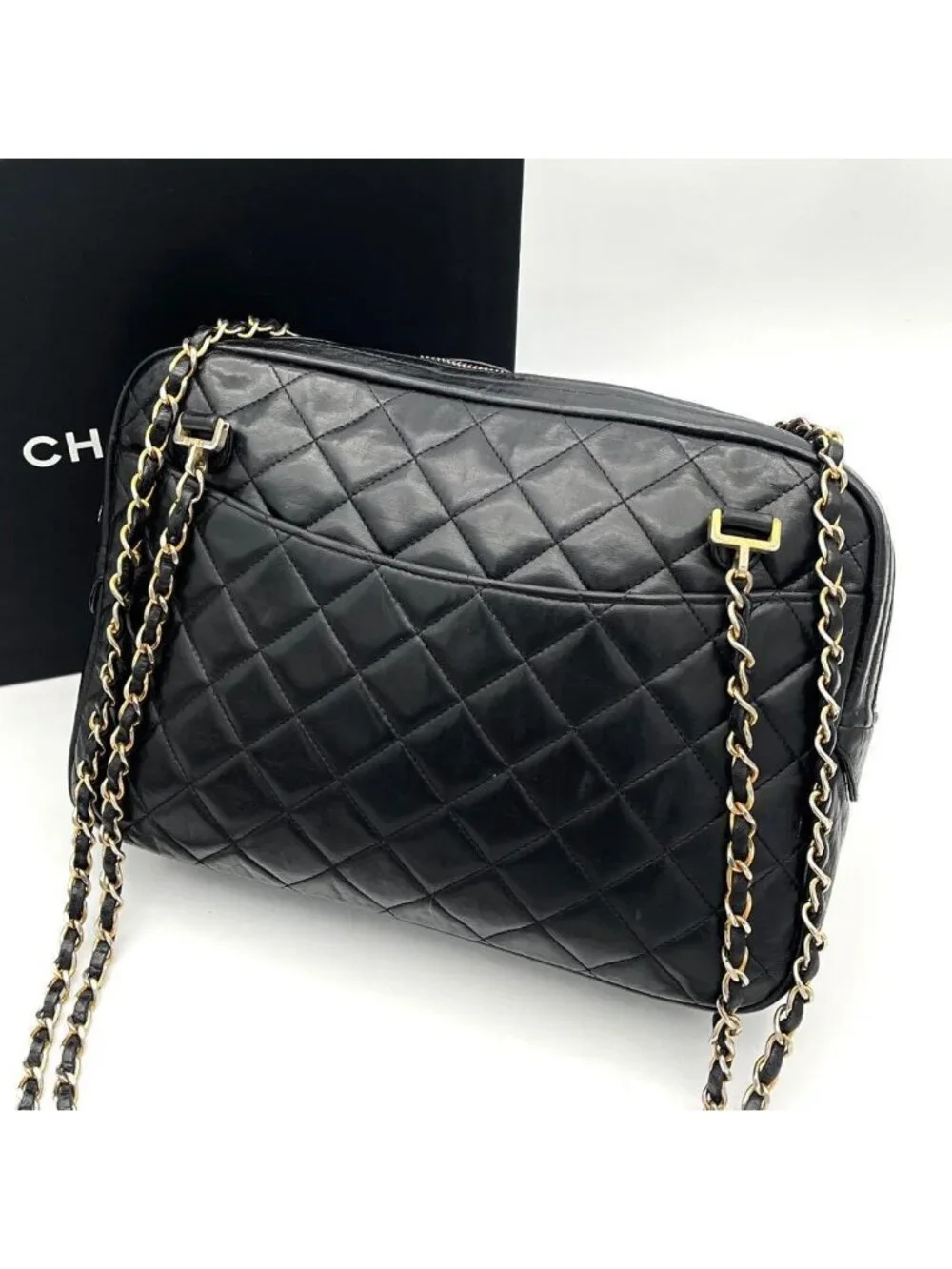 Chanel Chain Shoulder Bag Lambskin CC Logo Quilted Black